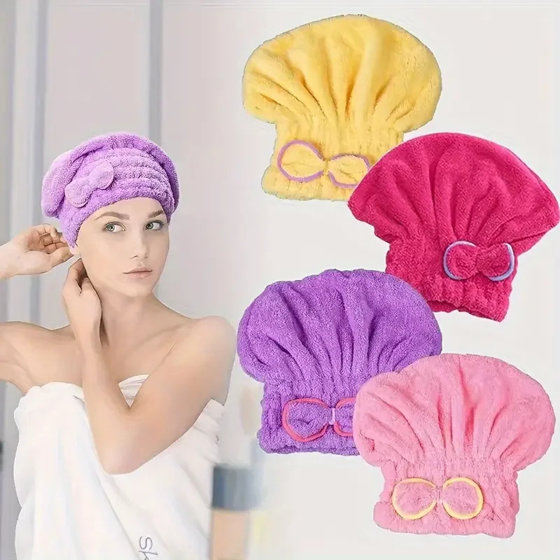 Spa Towel - หมวกคลุมผมแห้งเร็วสำหรับผู้หญิง หมวกอาบน้ำแบบผูกโบว์ ผ้าไมโครไฟเบอร์ ผ้าขนหนูซุปเปอร์ไฟเบอร์ หมวกคลุมผมสำหรับสปา อุปกรณ์ในห้องน้ำ