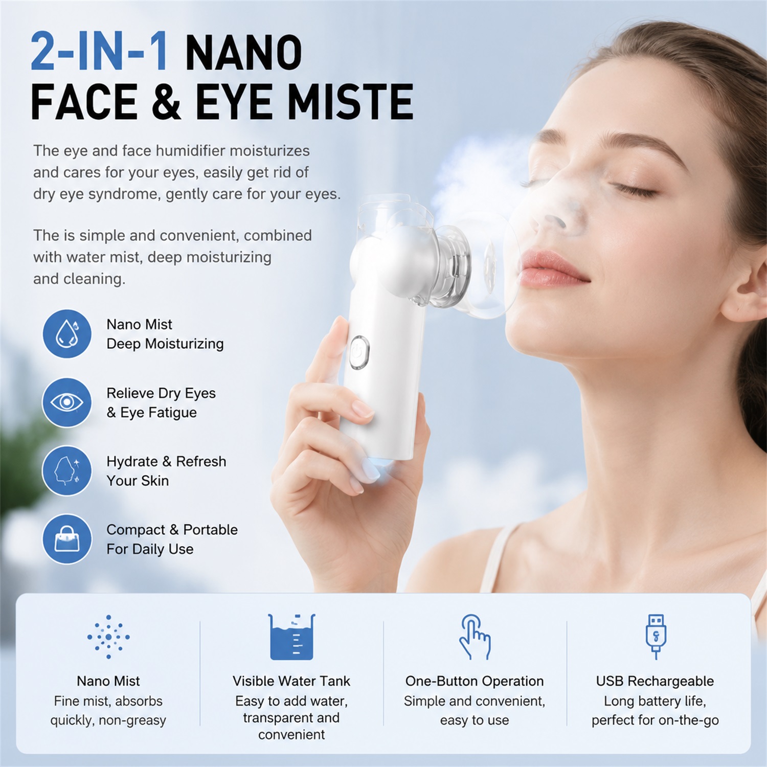 Face Steamer - เครื่องพ่นไอน้ำบำรุงผิวหน้าแบบตาข่าย 2-in-1 สำหรับผิวแห้ง บำรุงผิวหน้าและรอบดวงตา ให้ความชุ่มชื้นล้ำลึก ใช้ได้ทั้งที่บ้านและระหว่างเดินทาง